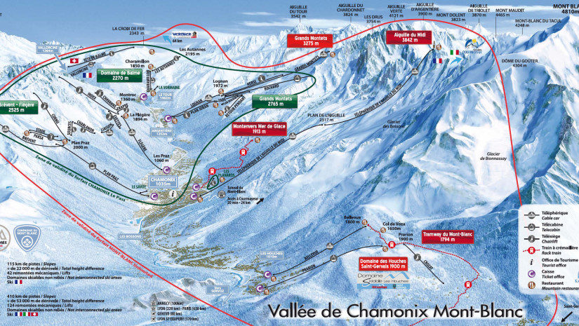 mapa ośrodka Chamonix u stóp Mont Blanc