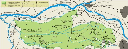 Mapa Kampinosu i najciekawszych w nim obiektów