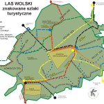 Las Wolski w Krakowie - mapa z zaznaczymi szlakami spacerowymi. Źródło: www.zoo-krakow.pl