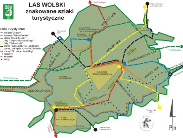 Las Wolski w Krakowie - mapa z zaznaczymi szlakami spacerowymi. Źródło: www.zoo-krakow.pl