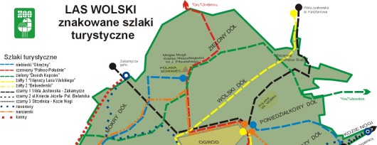 Las Wolski w Krakowie - mapa z zaznaczymi szlakami spacerowymi. Źródło: www.zoo-krakow.pl